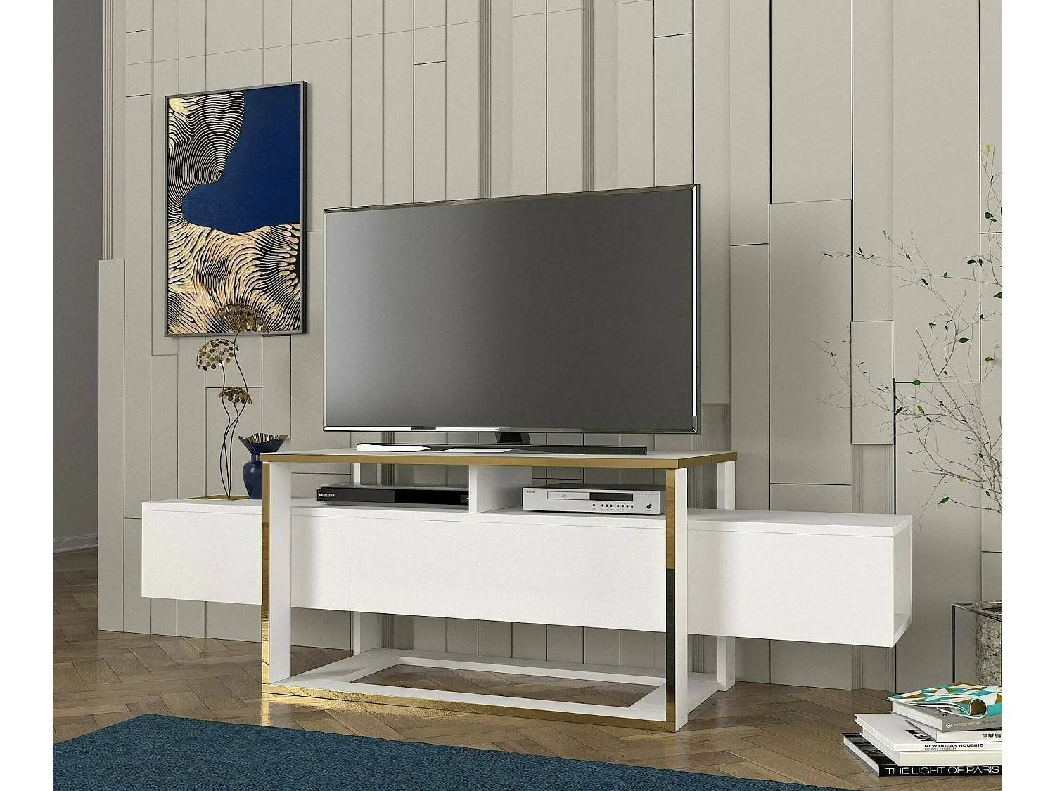 Meuble TV Callisto, Buffet de salon, Armoire basse pour TV, Base murale de rangement, 160x46h50 cm, Blanc et Or