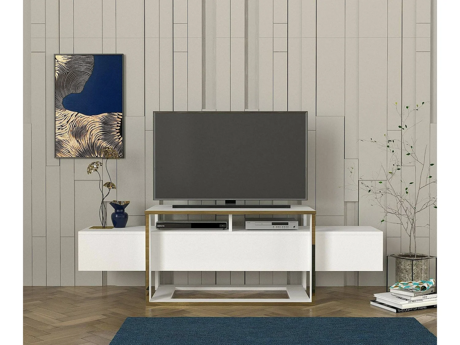 Meuble TV Callisto, Buffet de salon, Armoire basse pour TV, Base murale de rangement, 160x46h50 cm, Blanc et Or