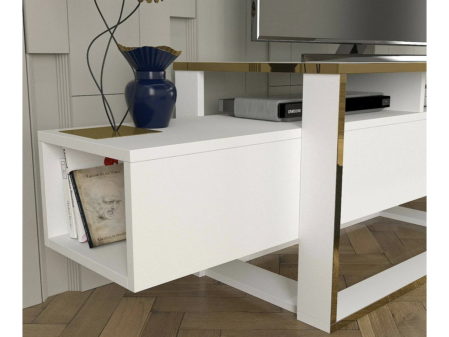 Meuble TV Callisto, Buffet de salon, Armoire basse pour TV, Base murale de rangement, 160x46h50 cm, Blanc et Or