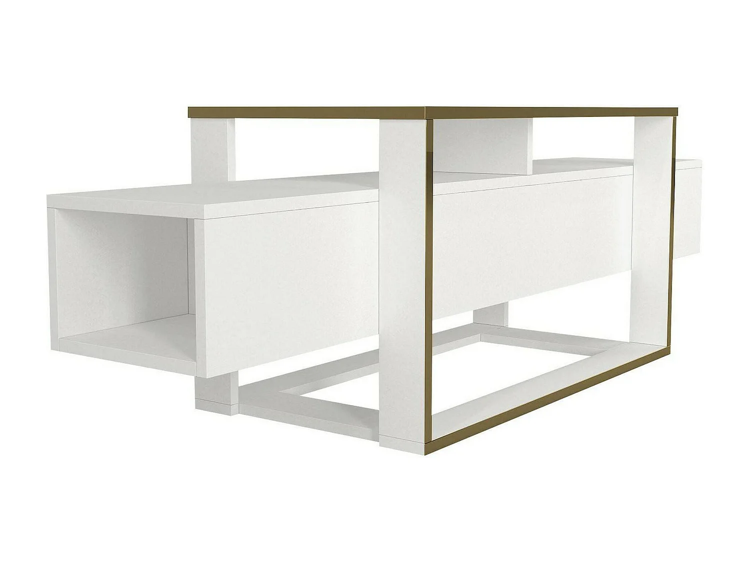 Meuble TV Callisto, Buffet de salon, Armoire basse pour TV, Base murale de rangement, 160x46h50 cm, Blanc et Or