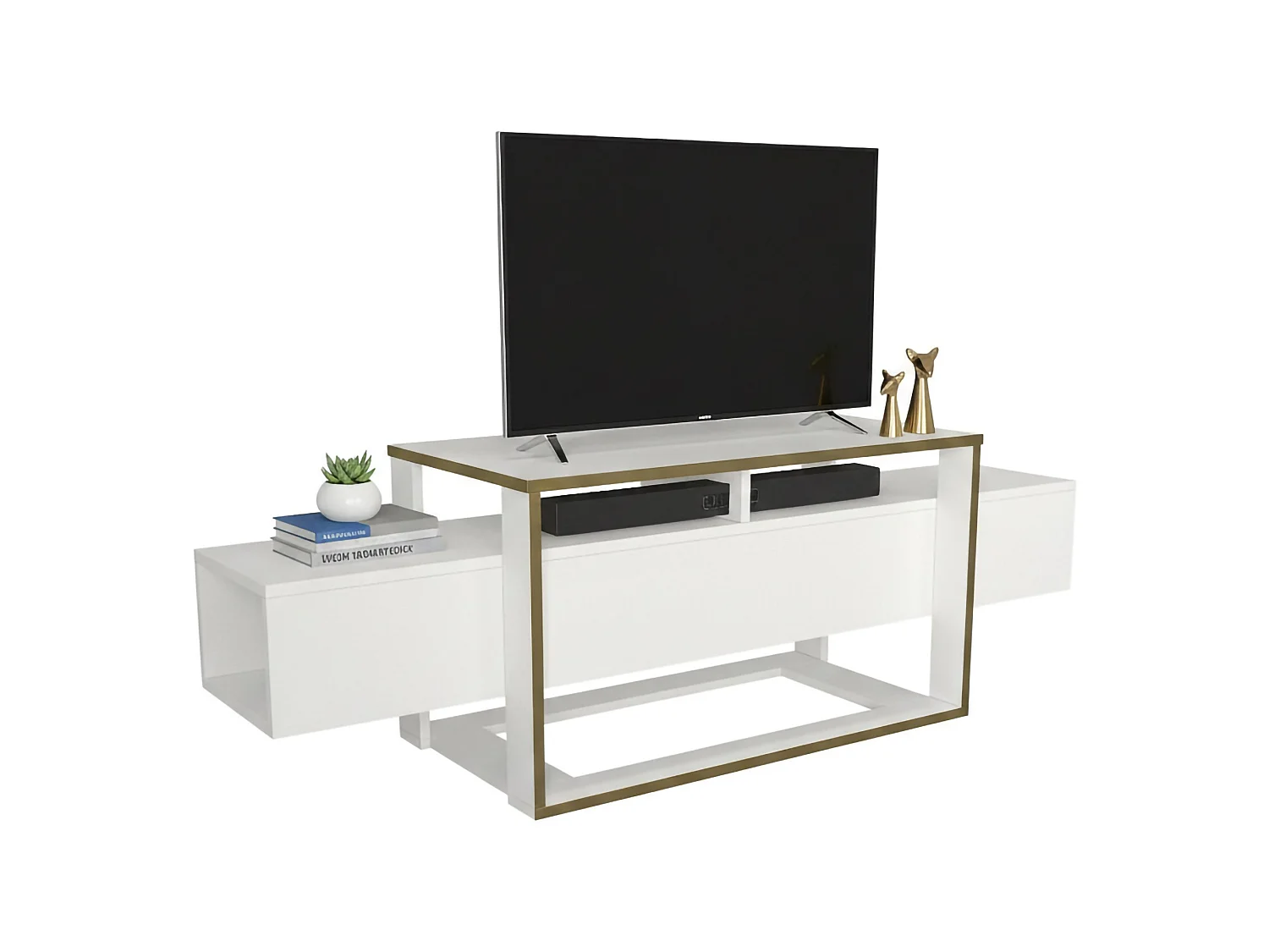 Suporte de TV Dgiacint, Aparador de sala, Armário de TV baixo, Base de parede equipada, 160x46h50 cm, Branco e Dourado