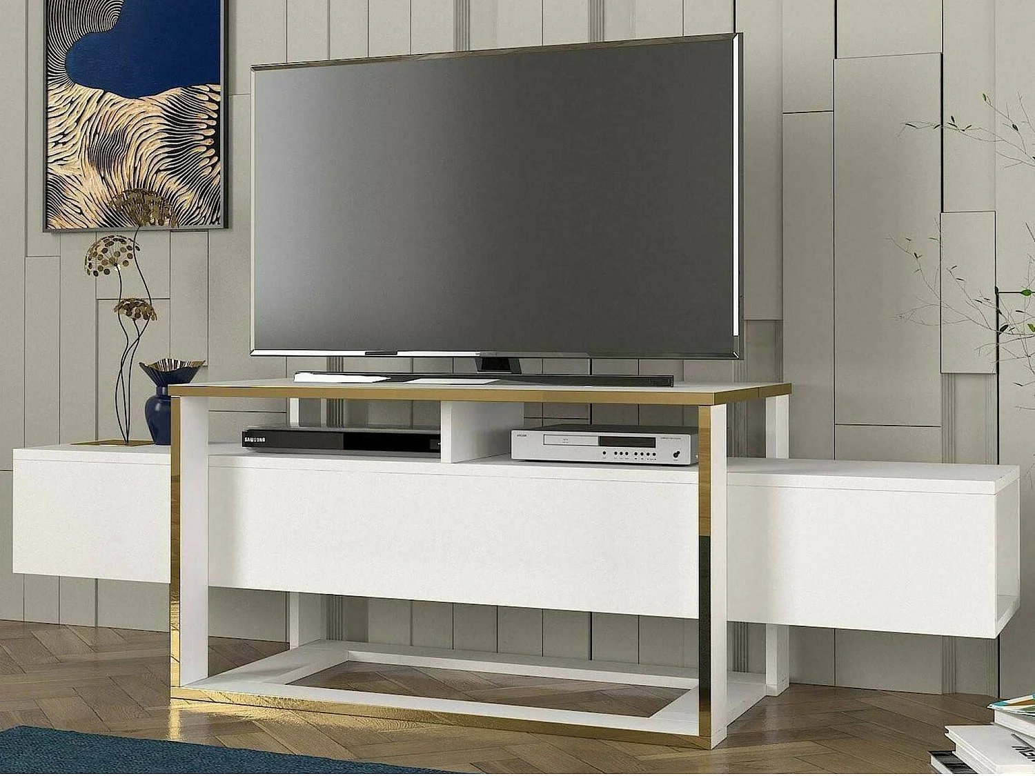 Suporte de TV Dgiacint, Aparador de sala, Armário de TV baixo, Base de parede equipada, 160x46h50 cm, Branco e Dourado