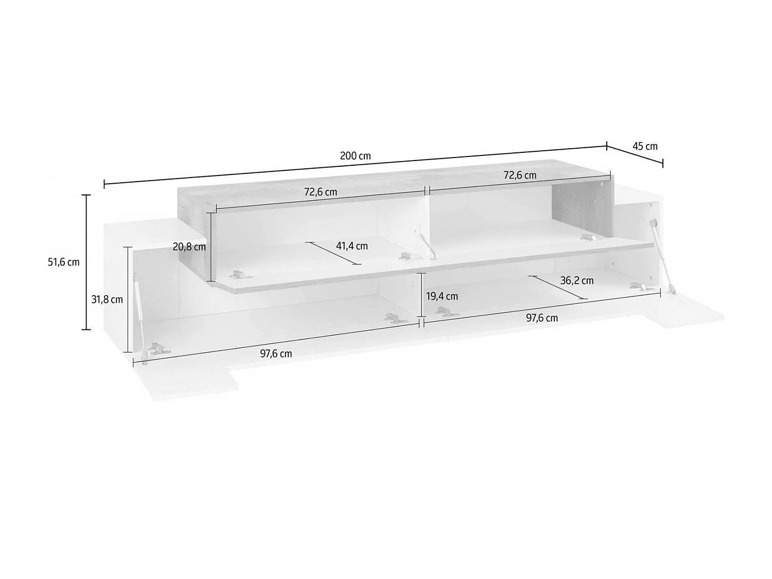 Meuble TV Teo, Buffet bas de salon, Base pour meuble TV, 100% Made in Italy, 200x45h52 cm, Blanc brillant et érable