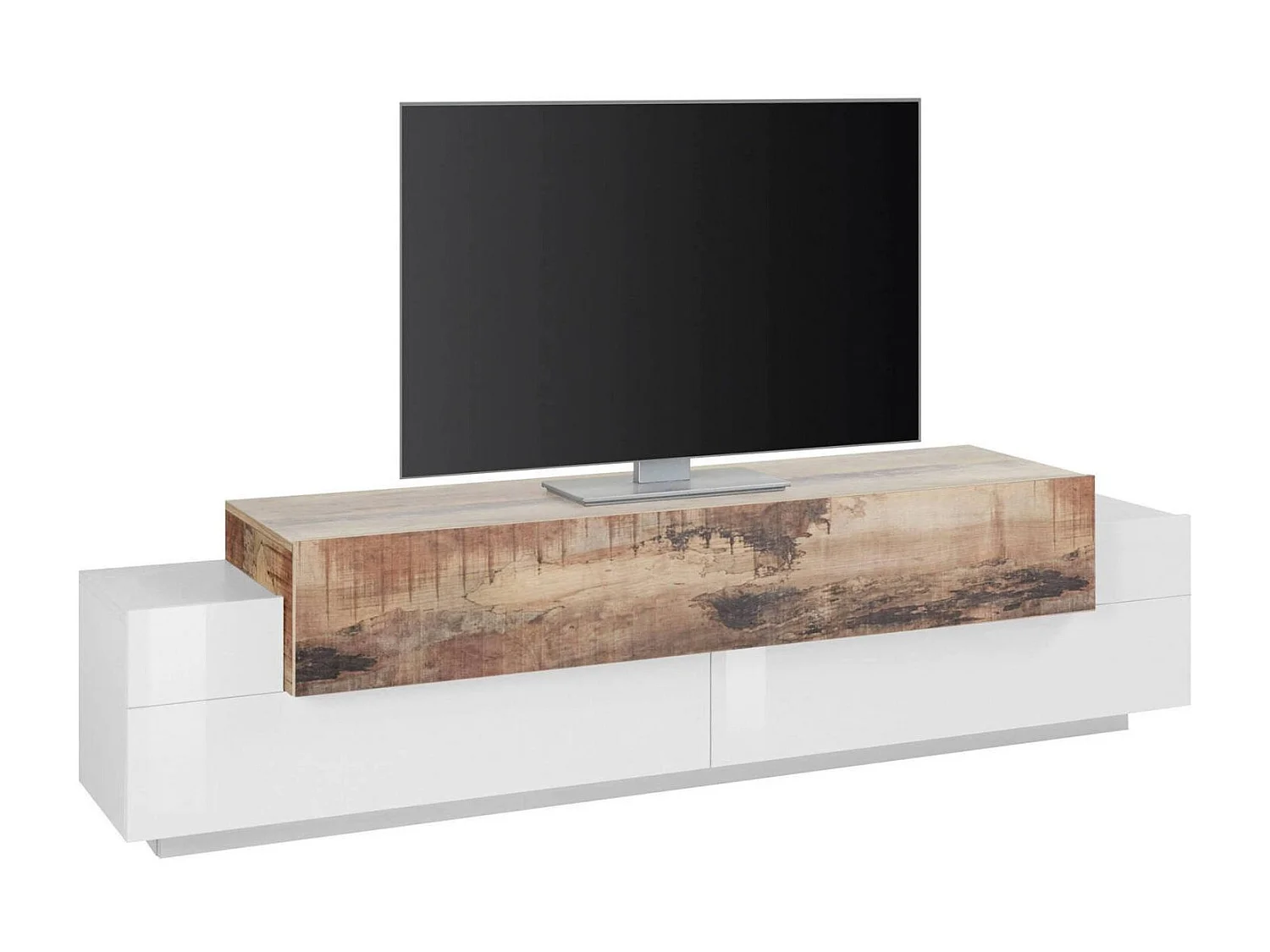 Móvel de TV Teo, Aparador baixo de sala, Base de móvel de televisão, 100% Fabricado em Itália, 200x45h52 cm, Branco brilhante e bordo