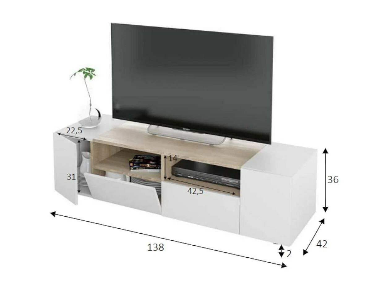 Dmora Tv-meubel Topeka 42x138x36h cm Wit, 2 Planken 2 Openingen, 4 Deuren