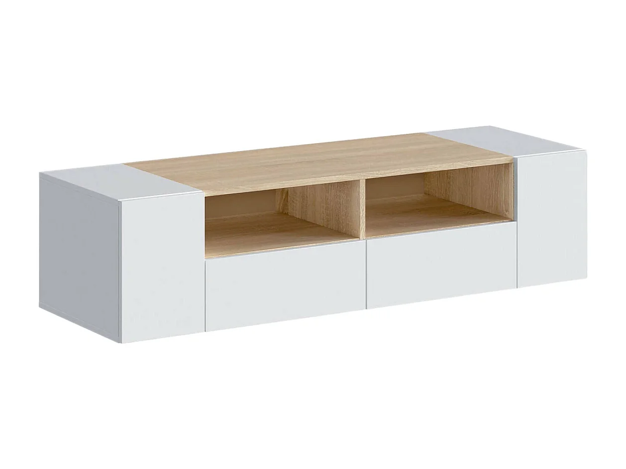 Topeka TV-Ständer, Fernseh-Sideboard für das Wohnzimmer, moderner TV-Ständer, niedriges Mehrzweck-Sideboard, 138 x 42 x 36 cm, WeiÃŸ und Eiche