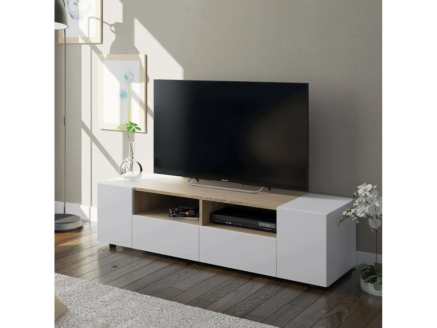 Meuble TV Topeka, Buffet télévision de salon, Meuble TV moderne, Buffet bas polyvalent, 138x42h36 cm, Blanc et Chêne