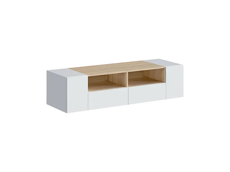 Meuble TV Topeka, Buffet télévision de salon, Meuble TV moderne, Buffet bas polyvalent, 138x42h36 cm, Blanc et Chêne