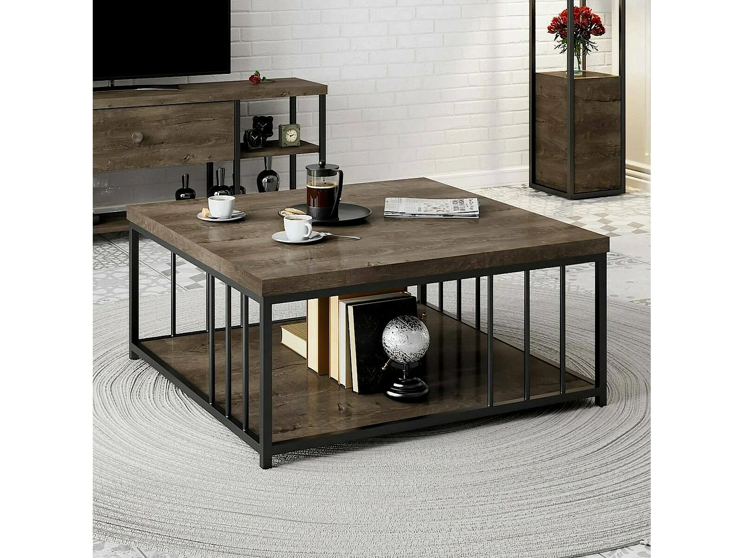 Table basse Ankaa, Table basse, Porte-revues pour canapé, Etagère de salon, 90x90h40 cm, Noyer et Noir