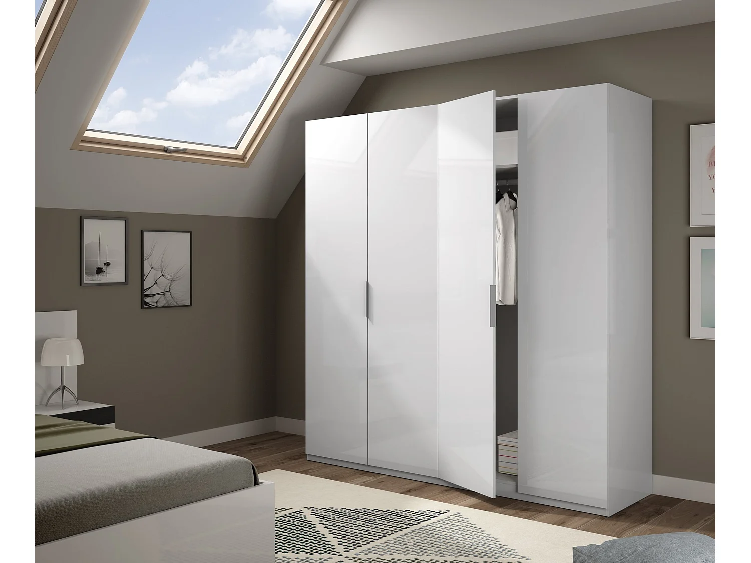 Garderobe Knoxville, Schlafzimmerschrank mit 4 Flügeltüren, Schrank mit 2 Einlegeböden und Kleiderstange, 180x52h200 cm, WeiÃŸ