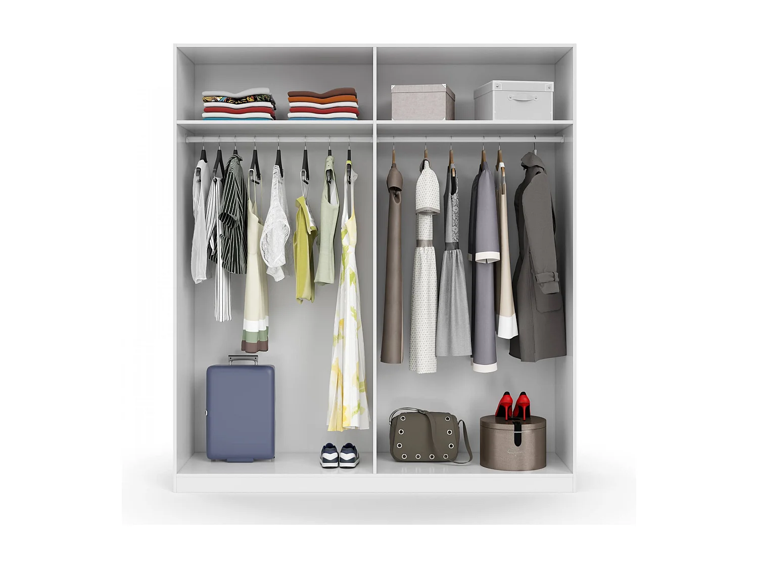 Garderobe Knoxville, Schlafzimmerschrank mit 4 Flügeltüren, Schrank mit 2 Einlegeböden und Kleiderstange, 180x52h200 cm, WeiÃŸ