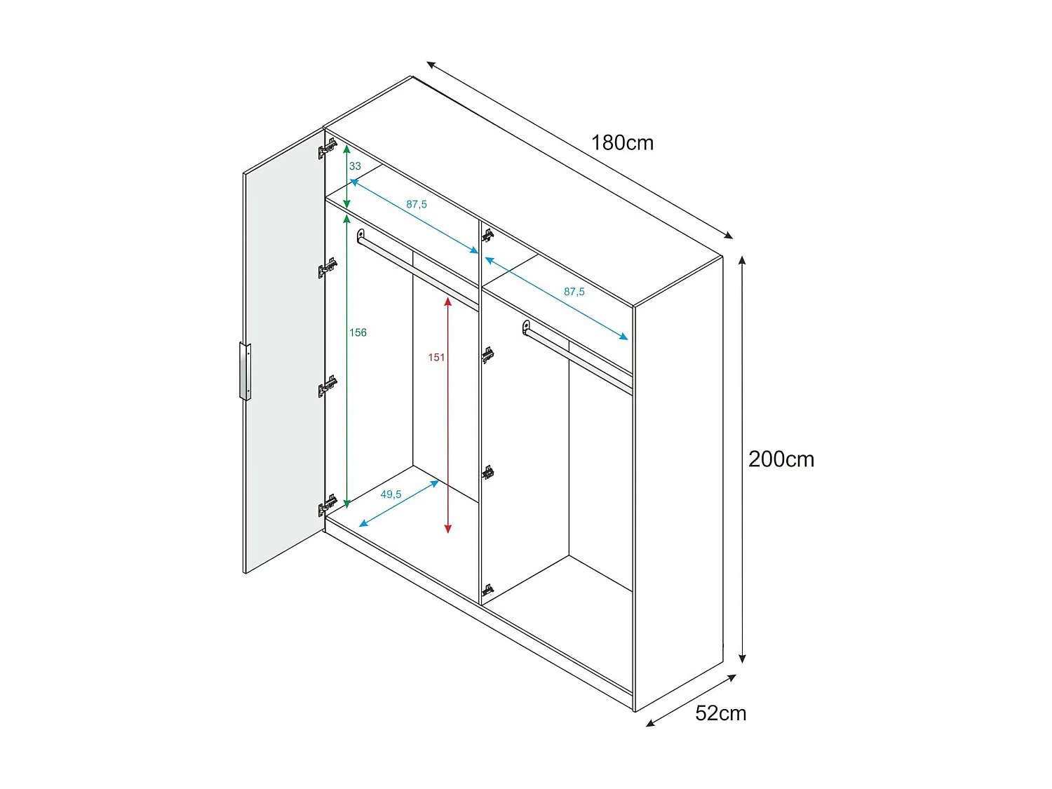 Armoire Knoxville, Armoire de chambre avec 4 portes battantes, Armoire avec 2 étagères et tringle à vêtements, 180x52h200 cm, Blanc