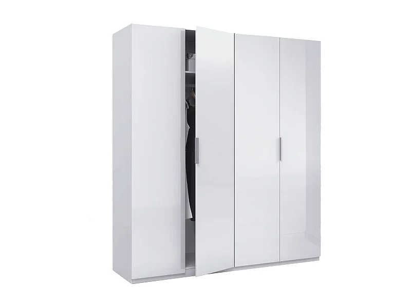 Garderobe Knoxville, Schlafzimmerschrank mit 4 Flügeltüren, Schrank mit 2 Einlegeböden und Kleiderstange, 180x52h200 cm, WeiÃŸ
