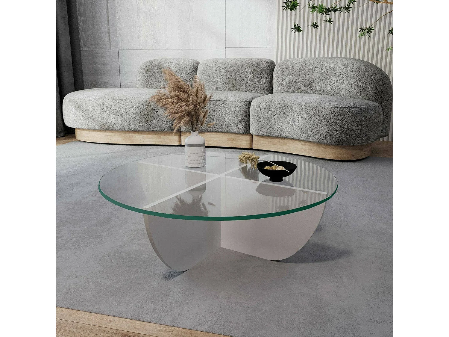 Table basse Jolanda, forme circulaire, 90x90x30h cm blanche, plateau en verre, tablette transparente