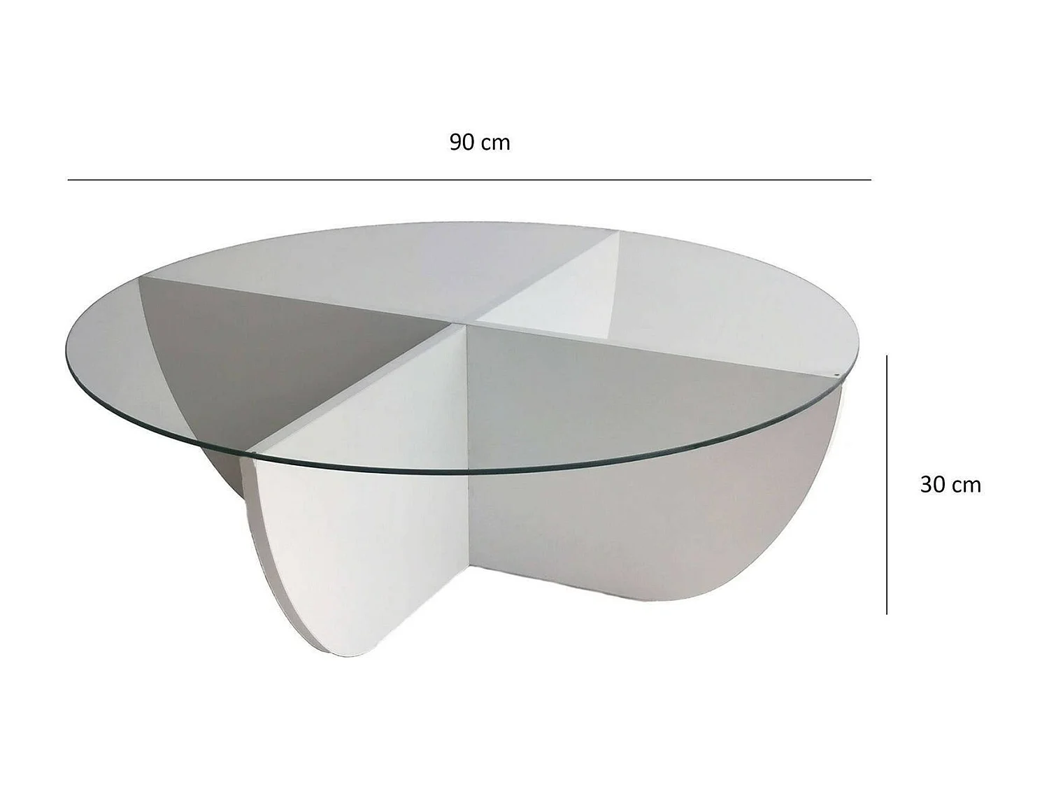 Table basse Jolanda, forme circulaire, 90x90x30h cm blanche, plateau en verre, tablette transparente