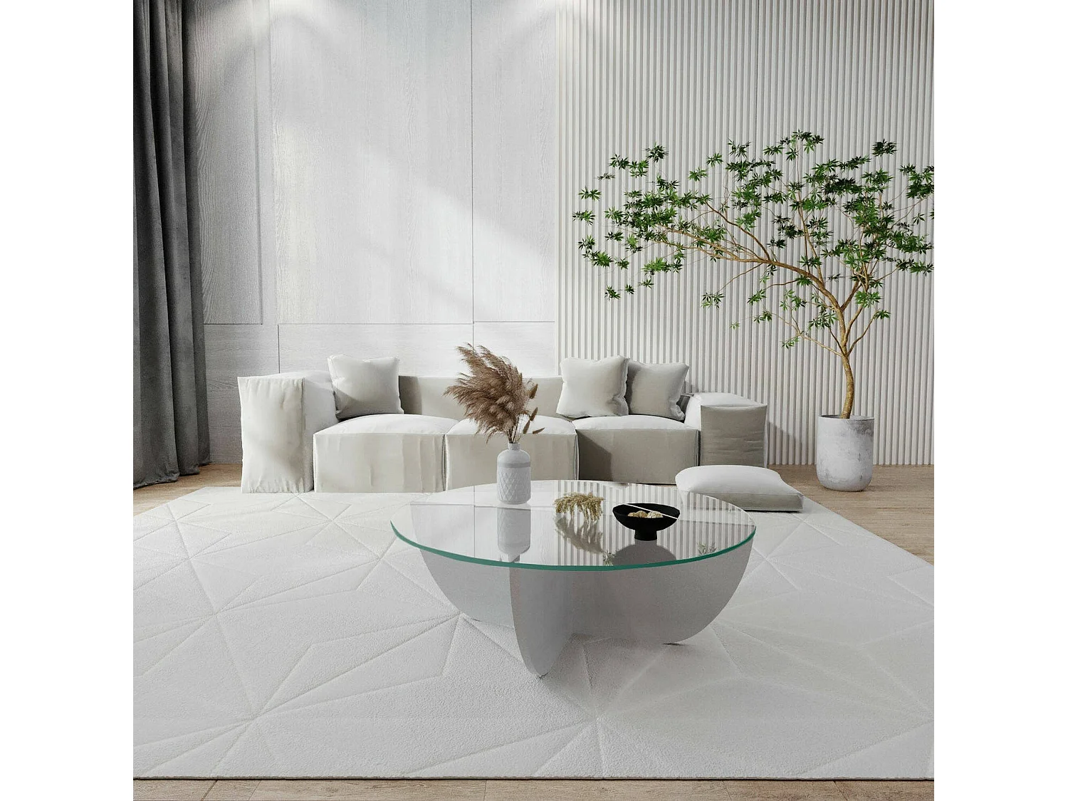 Table basse Jolanda, forme circulaire, 90x90x30h cm blanche, plateau en verre, tablette transparente