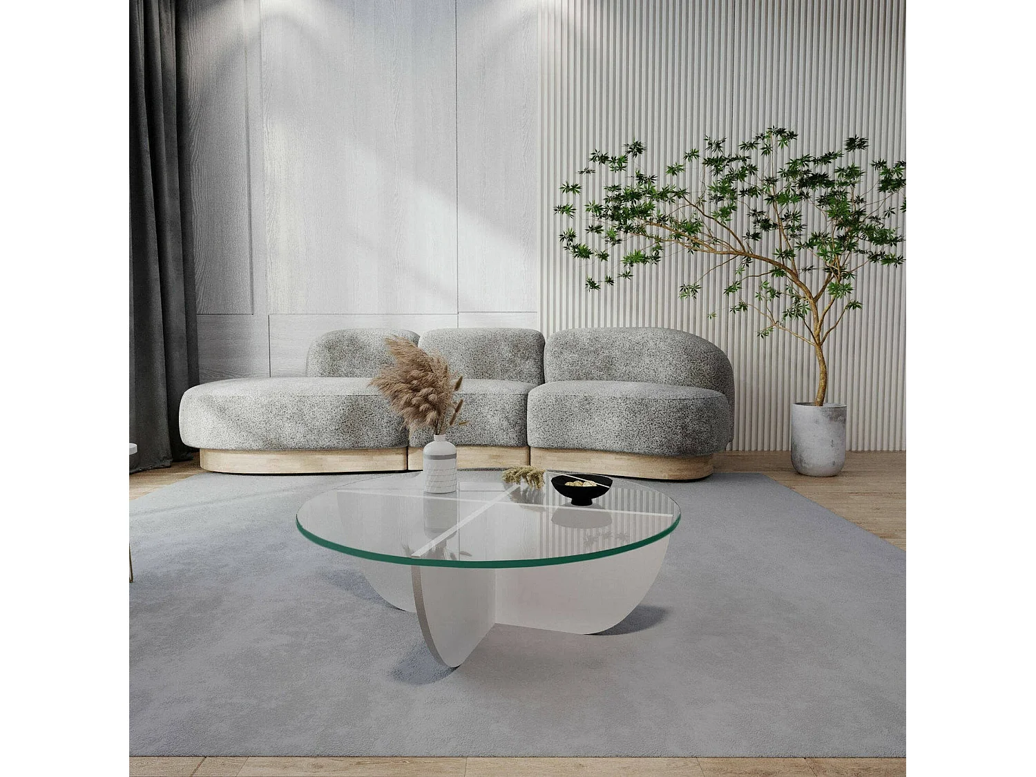 Table basse Jolanda, forme circulaire, 90x90x30h cm blanche, plateau en verre, tablette transparente