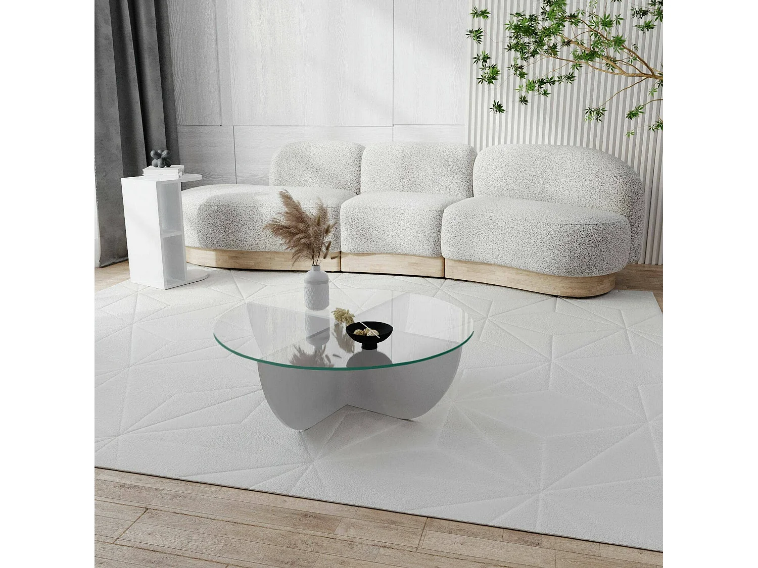 Table basse Jolanda, forme circulaire, 90x90x30h cm blanche, plateau en verre, tablette transparente