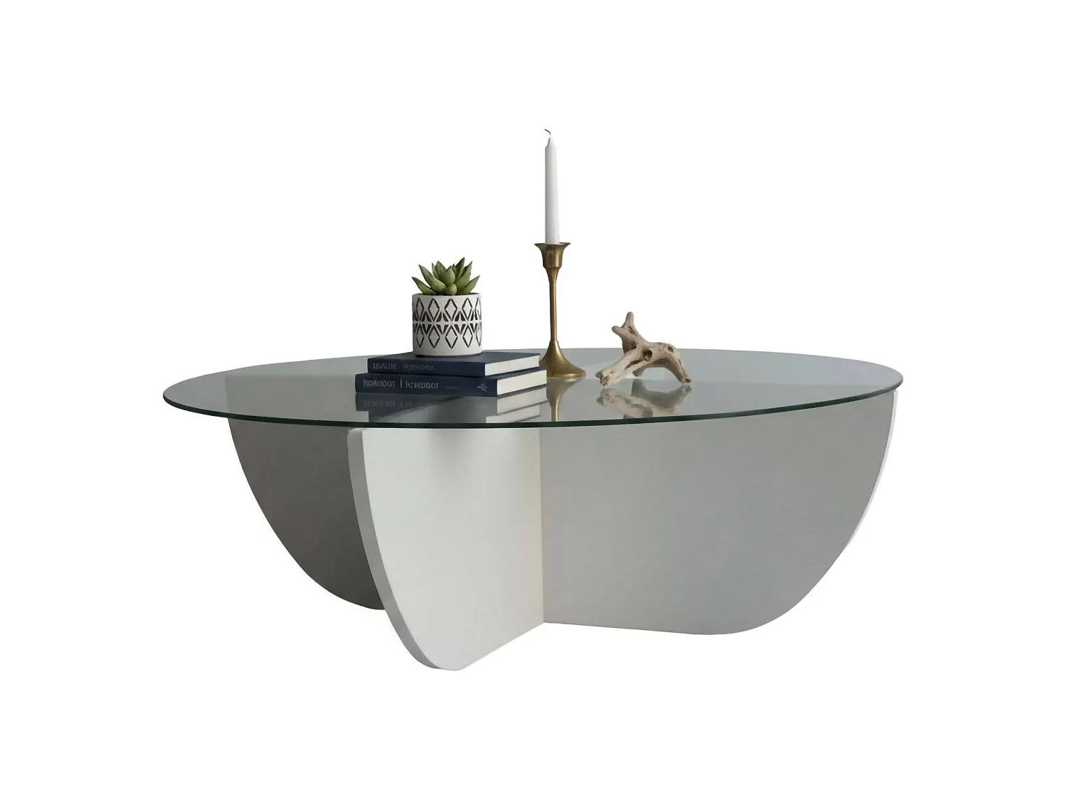 Mesa de Centro Jolanda, Forma Circular, 90x90x30h cm Branco, Tampo em Vidro, Prateleira Transparente
