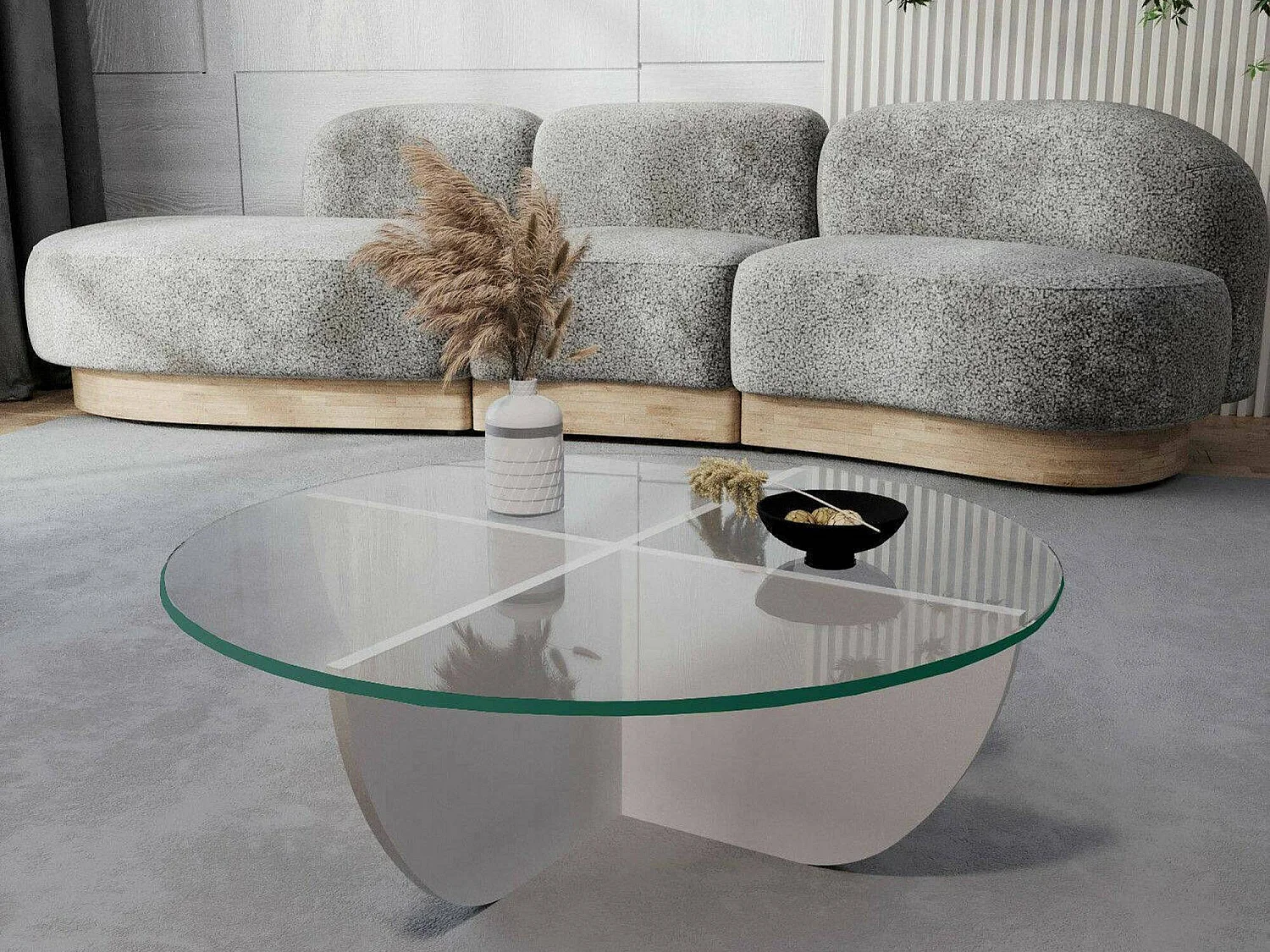 Mesa de Centro Jolanda, Forma Circular, 90x90x30h cm Branco, Tampo em Vidro, Prateleira Transparente