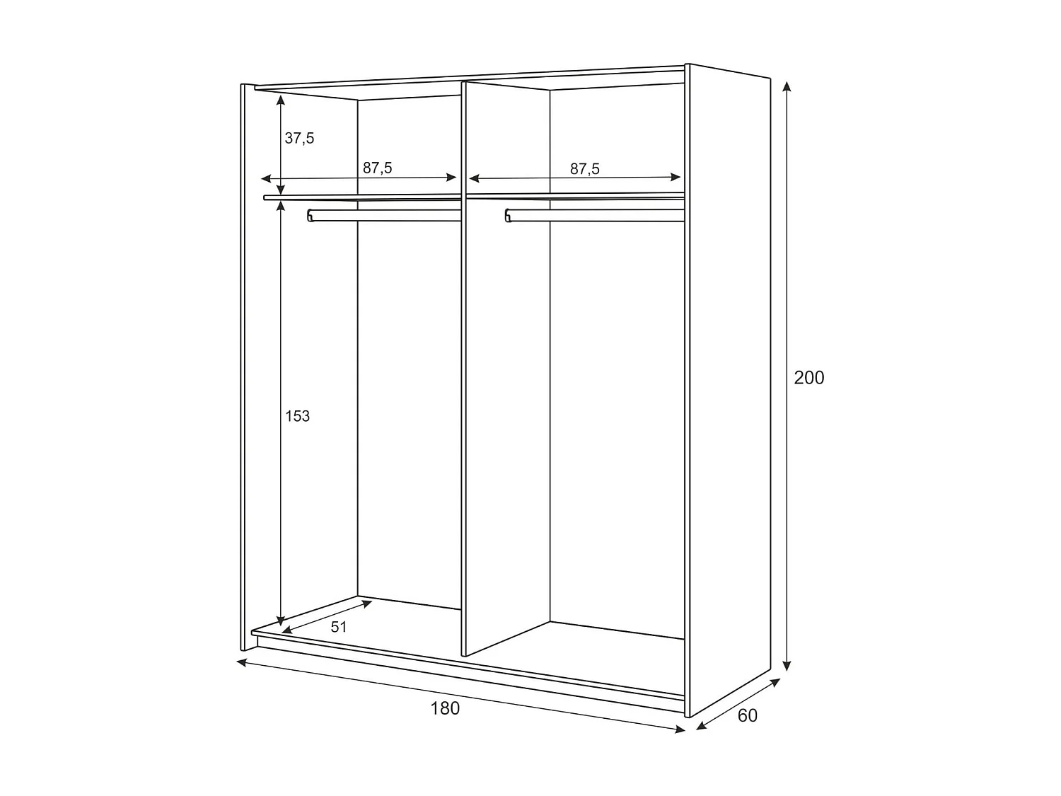 Garderobe Elgin, Schlafzimmer Kleiderschrank mit 2 Schiebetüren, Schrank mit Kleiderstange und 3 Einlegeböden, 180X60h200 cm, WeiÃŸ und Eiche