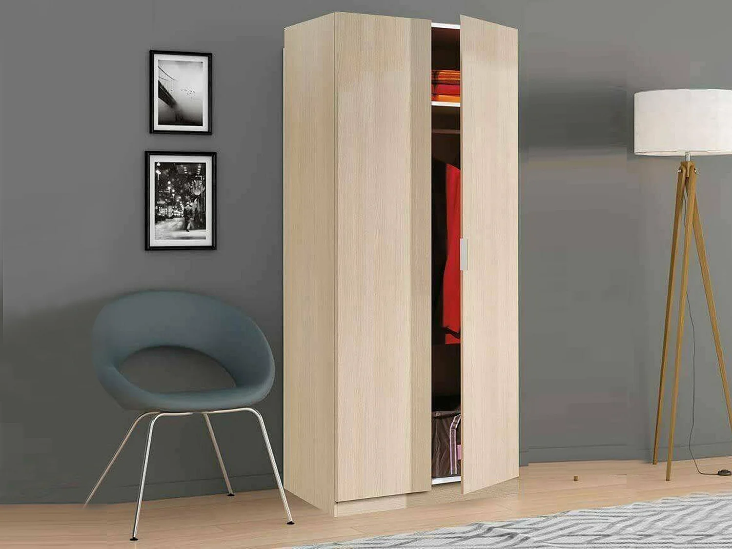 Armario naranja, Armario de dormitorio con 2 puertas batientes, Muebles de dormitorio con 1 estante y barra para ropa, 82x52h180 cm, Roble