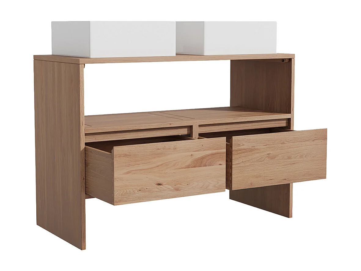 Unterschrank aus Massivholz Eiche mit quadratischem Aufsatzbecken - Hell Natur - 110 cm - CAVIZO