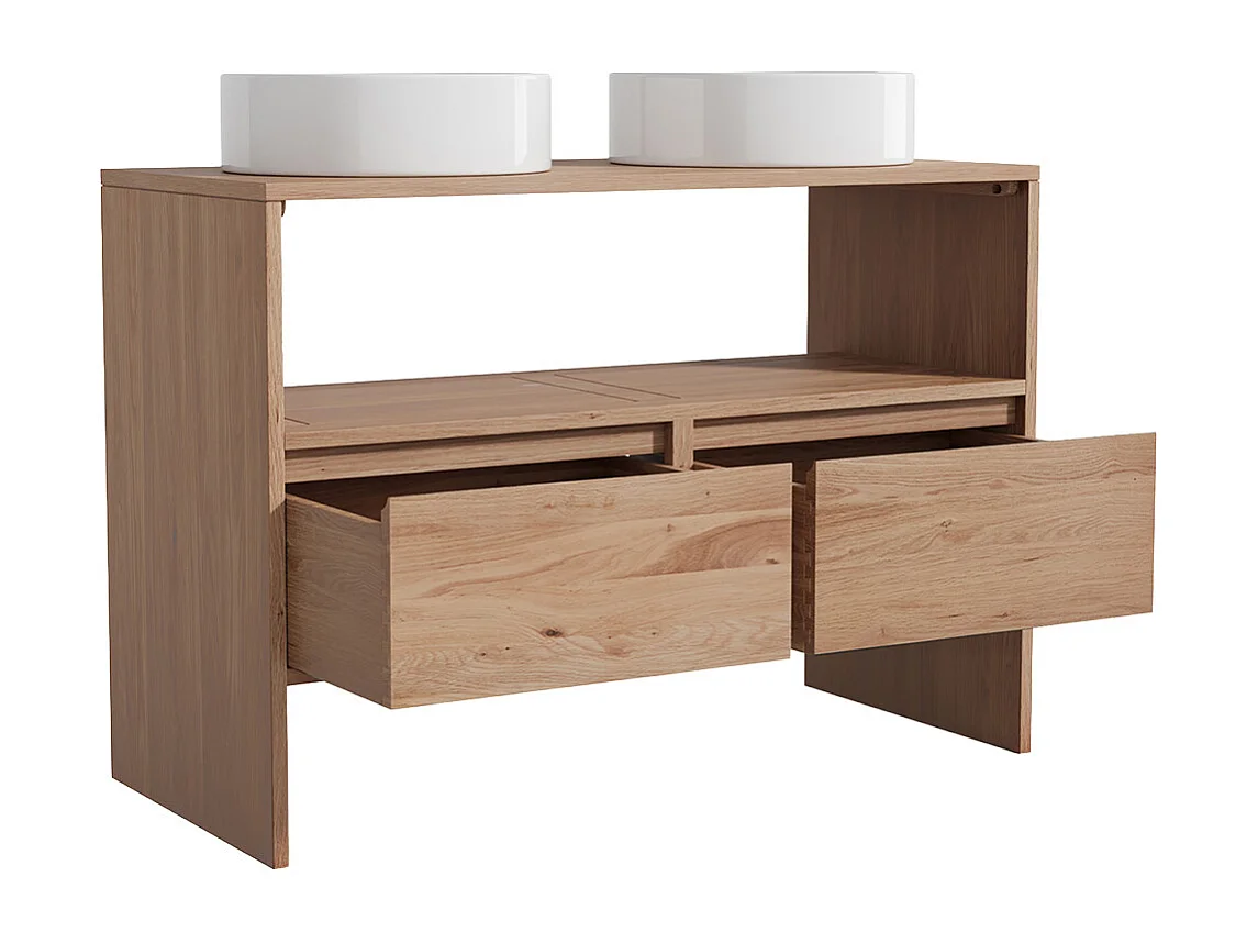 Unterschrank aus Massivholz Eiche mit rundem Aufsatzbecken - Hell Natur - 110 cm - CAVIZO