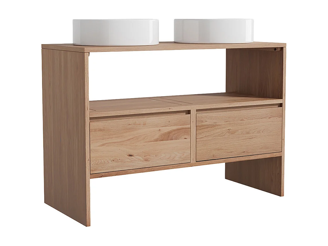 Unterschrank aus Massivholz Eiche mit rundem Aufsatzbecken - Hell Natur - 110 cm - CAVIZO