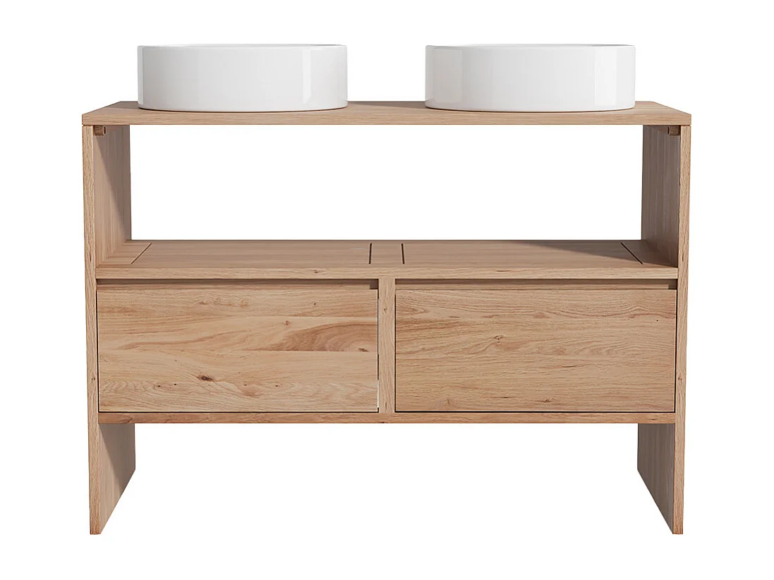 Unterschrank aus Massivholz Eiche mit rundem Aufsatzbecken - Hell Natur - 110 cm - CAVIZO