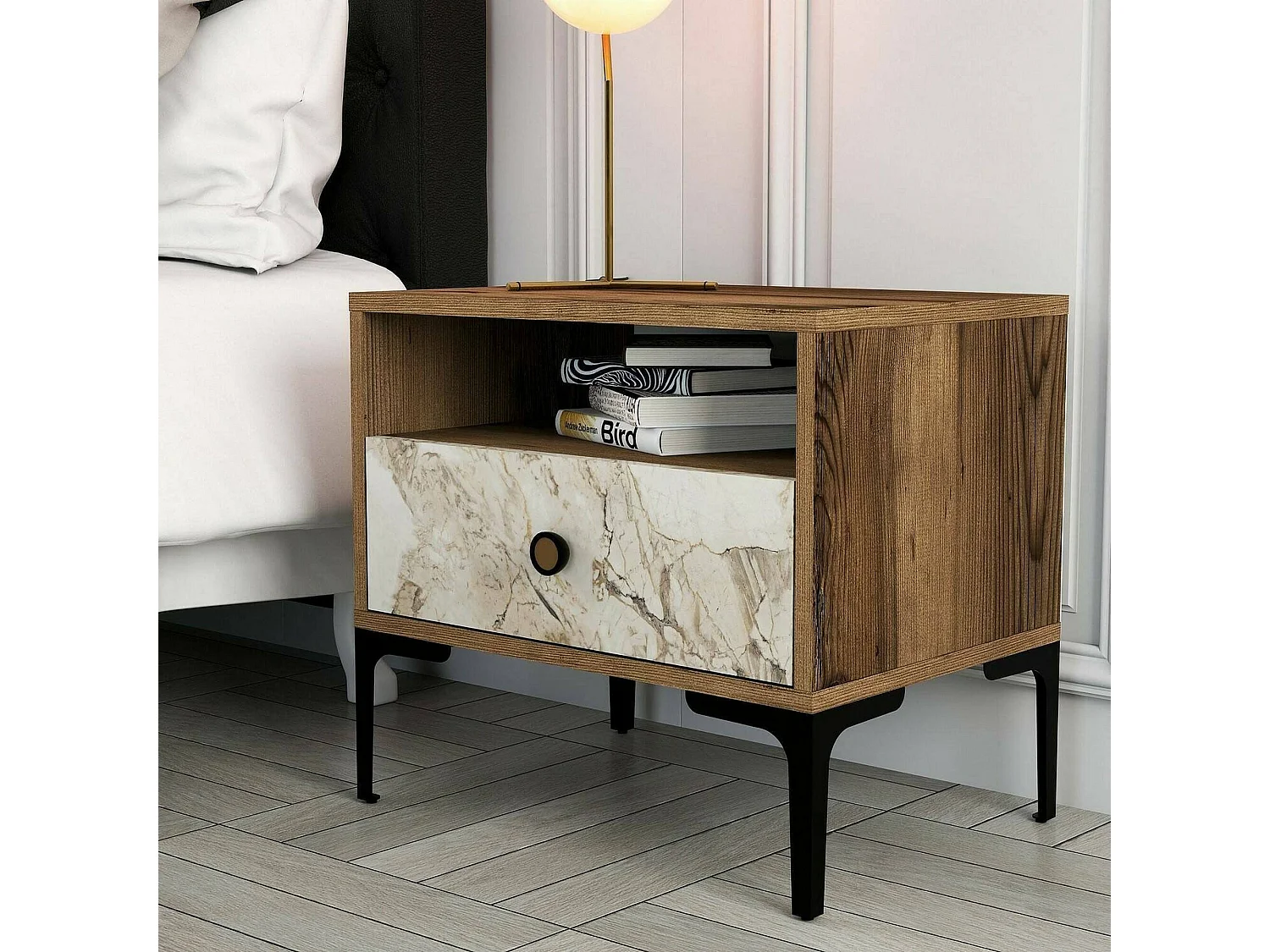 Chevet Seraph, Commode basse, Table de nuit, Étagère de chevet, 56x40h51 cm, Noyer et Marbre Blanc