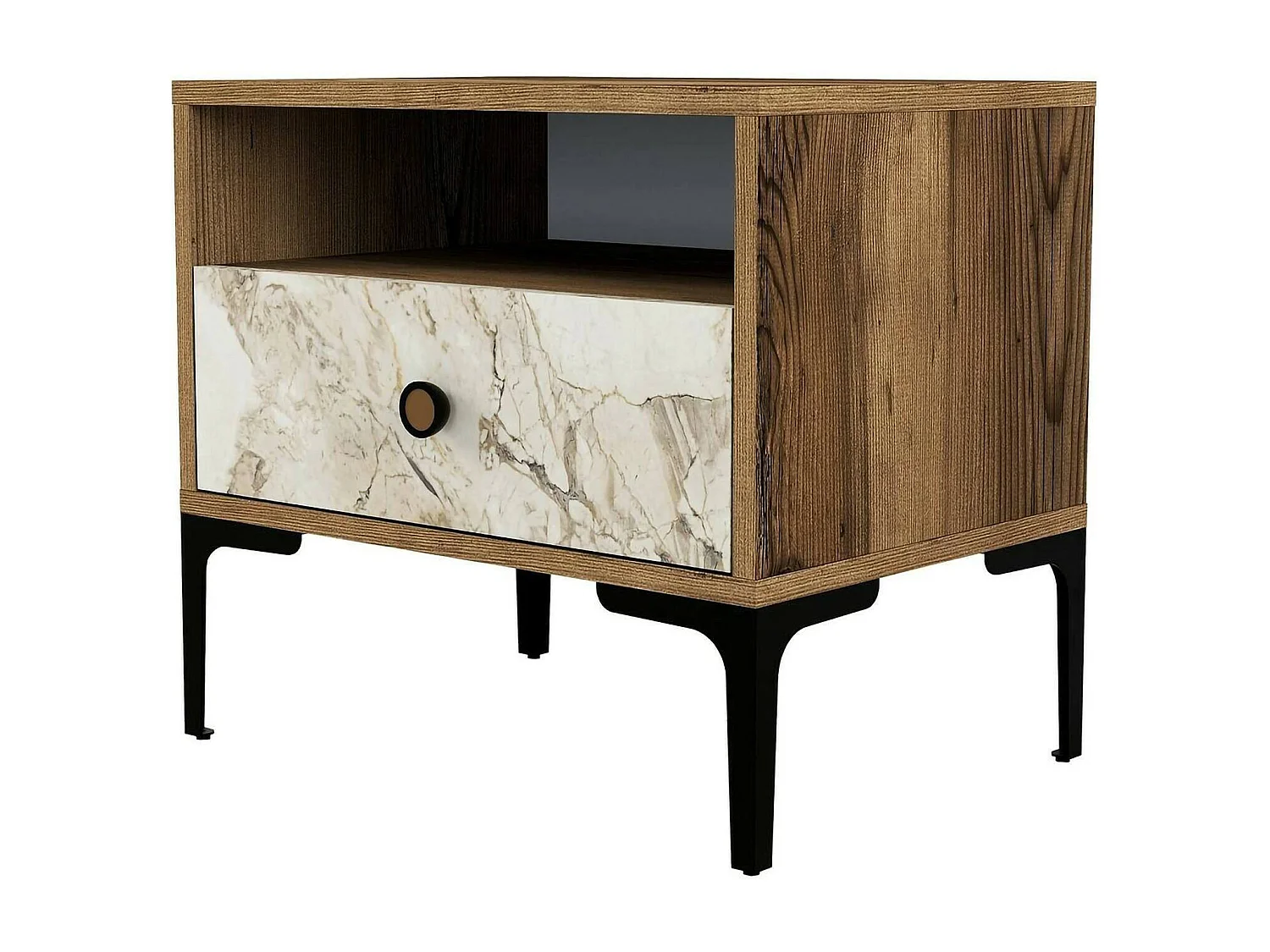 Chevet Seraph, Commode basse, Table de nuit, Étagère de chevet, 56x40h51 cm, Noyer et Marbre Blanc