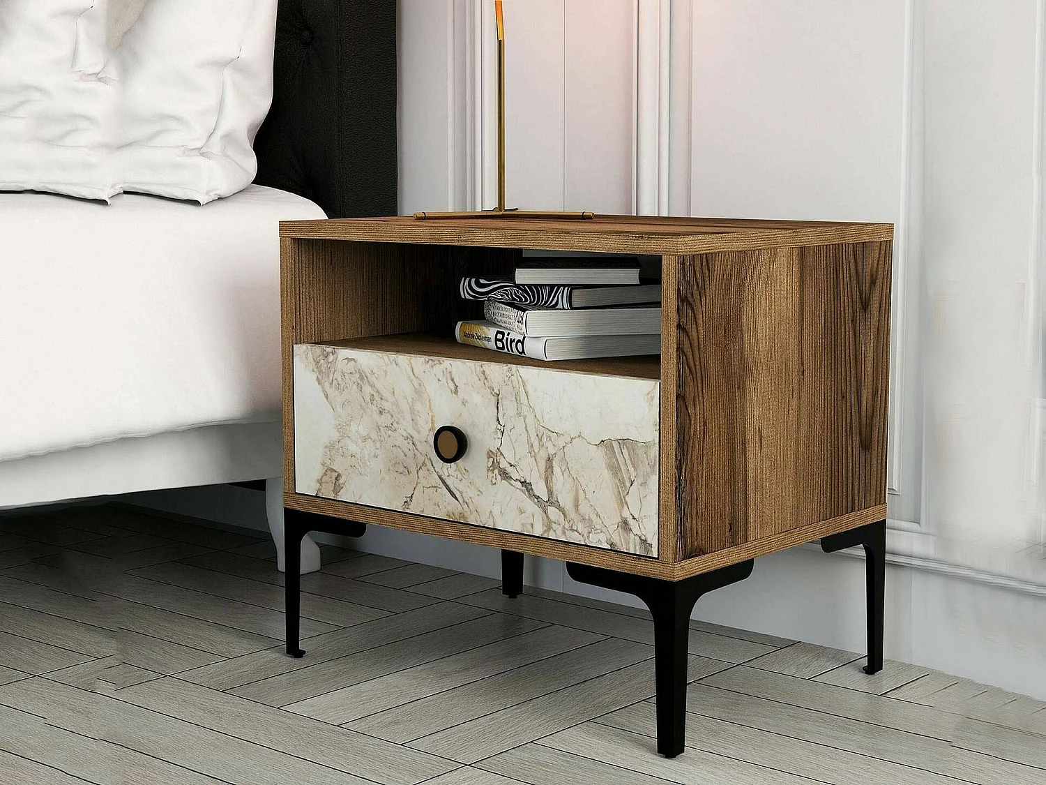 Chevet Seraph, Commode basse, Table de nuit, Étagère de chevet, 56x40h51 cm, Noyer et Marbre Blanc
