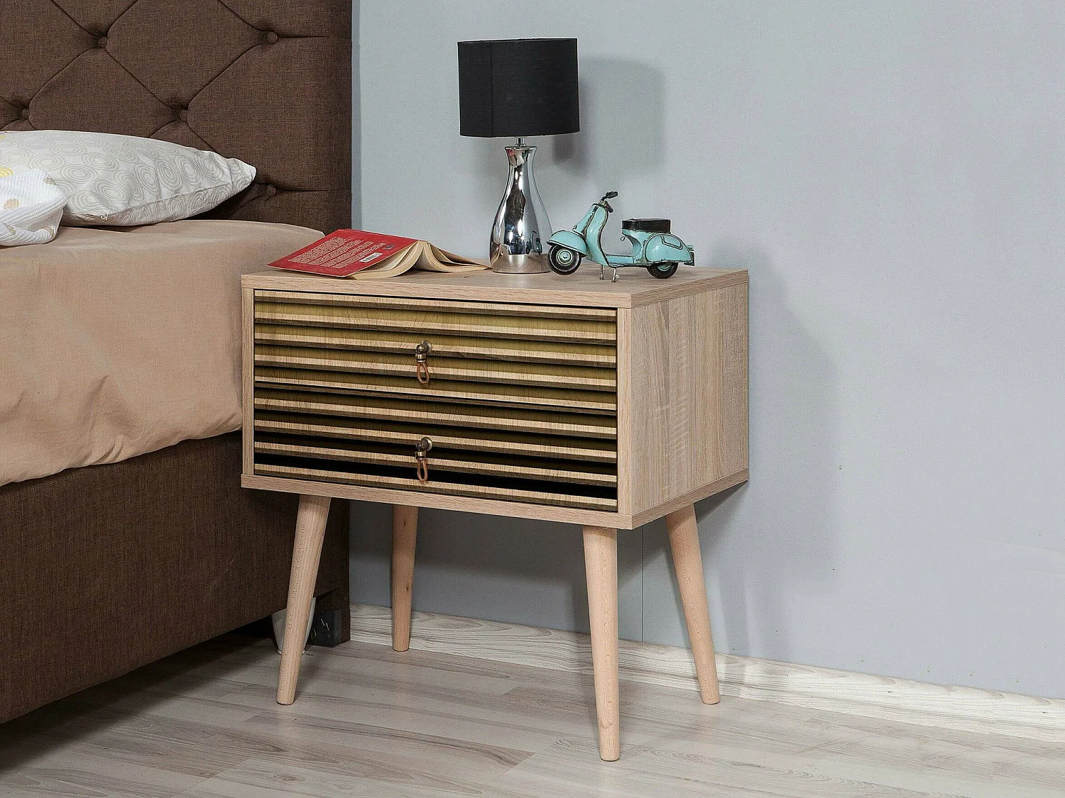 Chevet Antlia, Commode basse, Table de nuit, Étagère de chevet, 60x40h61 cm, Chêne