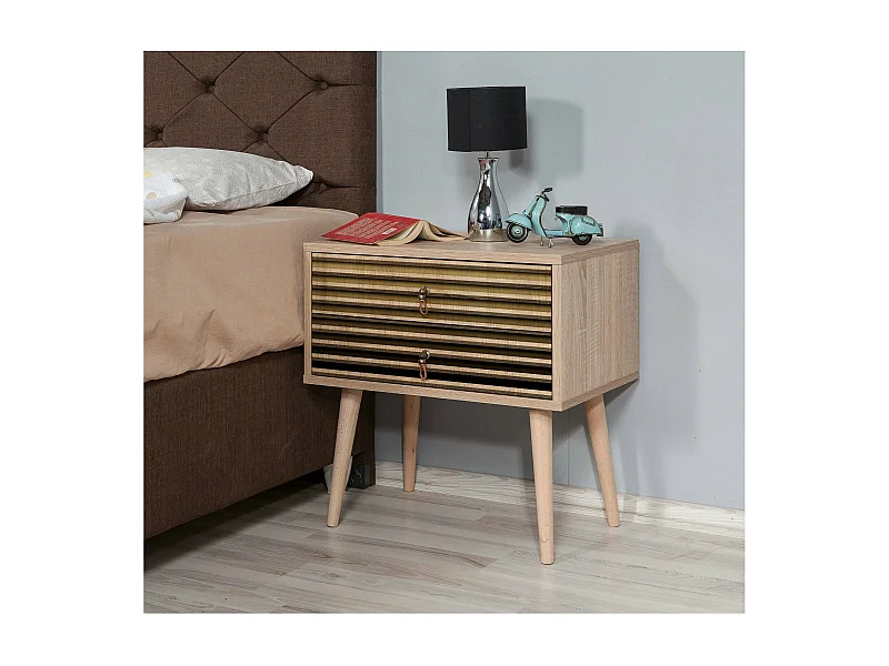 Chevet Antlia, Commode basse, Table de nuit, Étagère de chevet, 60x40h61 cm, Chêne