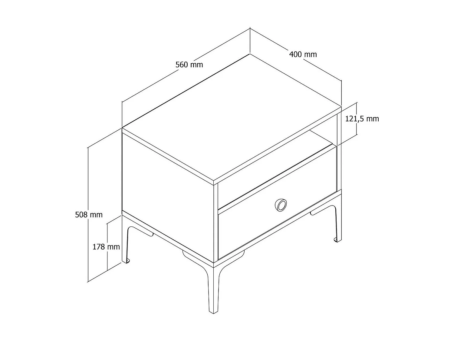 Chevet Seraph, Commode basse, Table de nuit, Étagère de chevet, 56x40h51 cm, Noyer et Blanc