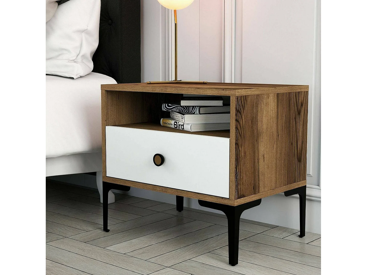 Chevet Seraph, Commode basse, Table de nuit, Étagère de chevet, 56x40h51 cm, Noyer et Blanc