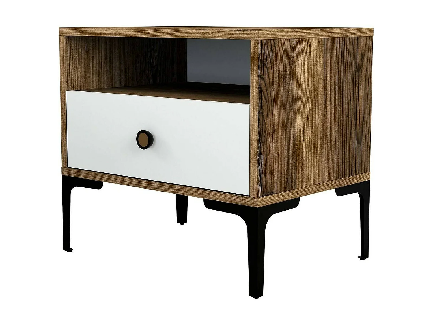 Chevet Seraph, Commode basse, Table de nuit, Étagère de chevet, 56x40h51 cm, Noyer et Blanc