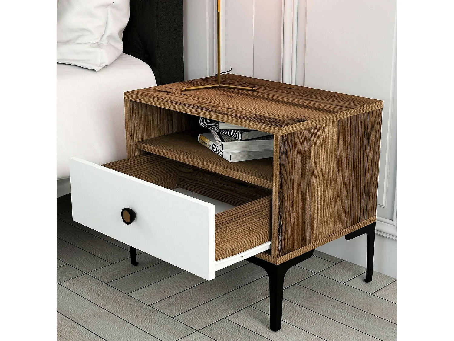 Chevet Seraph, Commode basse, Table de nuit, Étagère de chevet, 56x40h51 cm, Noyer et Blanc