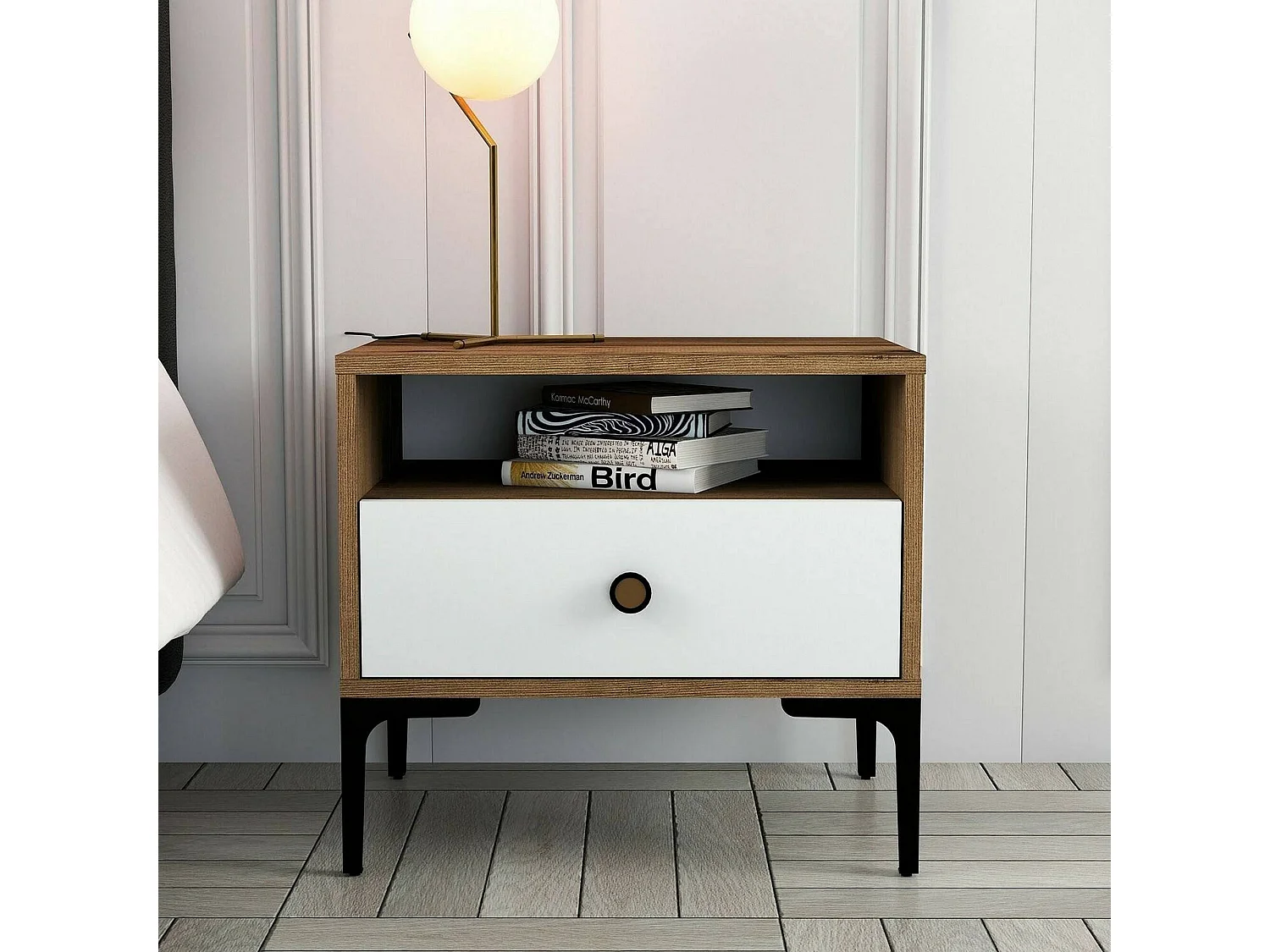 Chevet Seraph, Commode basse, Table de nuit, Étagère de chevet, 56x40h51 cm, Noyer et Blanc