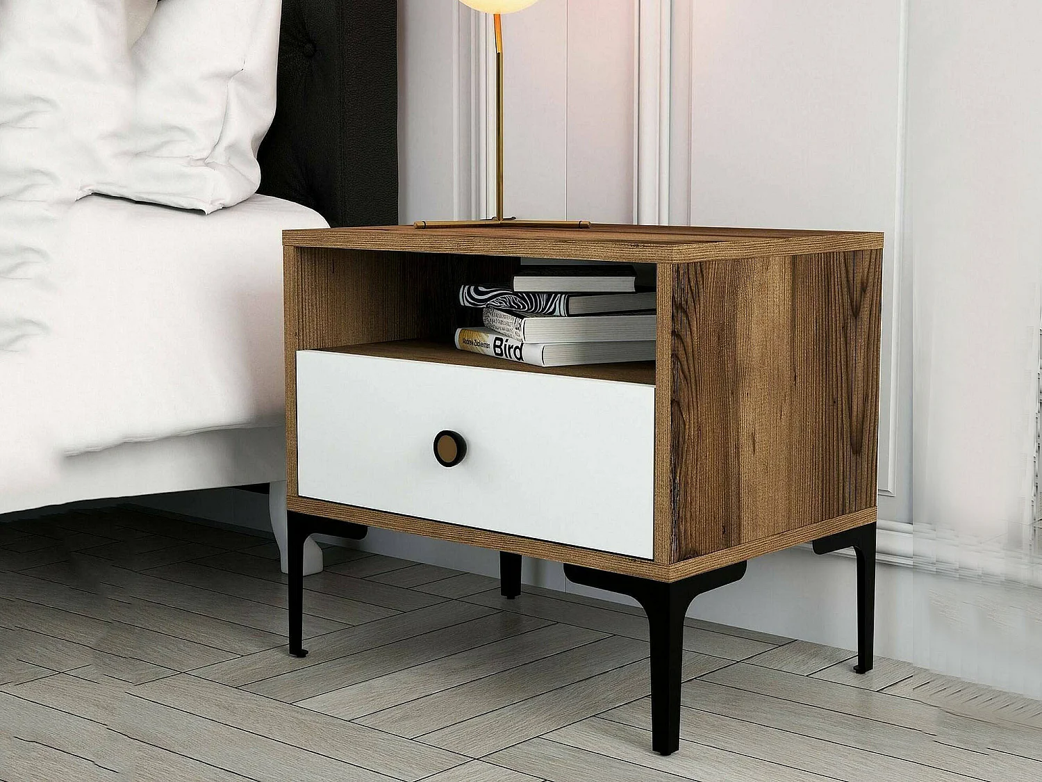 Dpi nachtkastjeDon, Lage Bijzettafel, Nachtkastje, Bedplank, 56x40h51 cm, Walnoot en Wit
