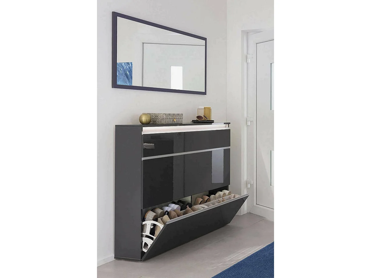 Scarpiera Piero, Mobile multiuso a 2 ante e 1 anta a ribalta, Portascarpe da ingresso, 100% Made in Italy, cm 120x27h108, Antracite lucido