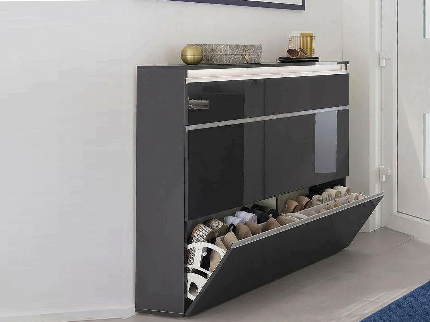 Sapateira Piero, Armário multiuso com 2 portas e 1 porta basculante, Sapateira de entrada, 100% Fabricado na Itália, 120x27h108 cm, Antracite brilhante