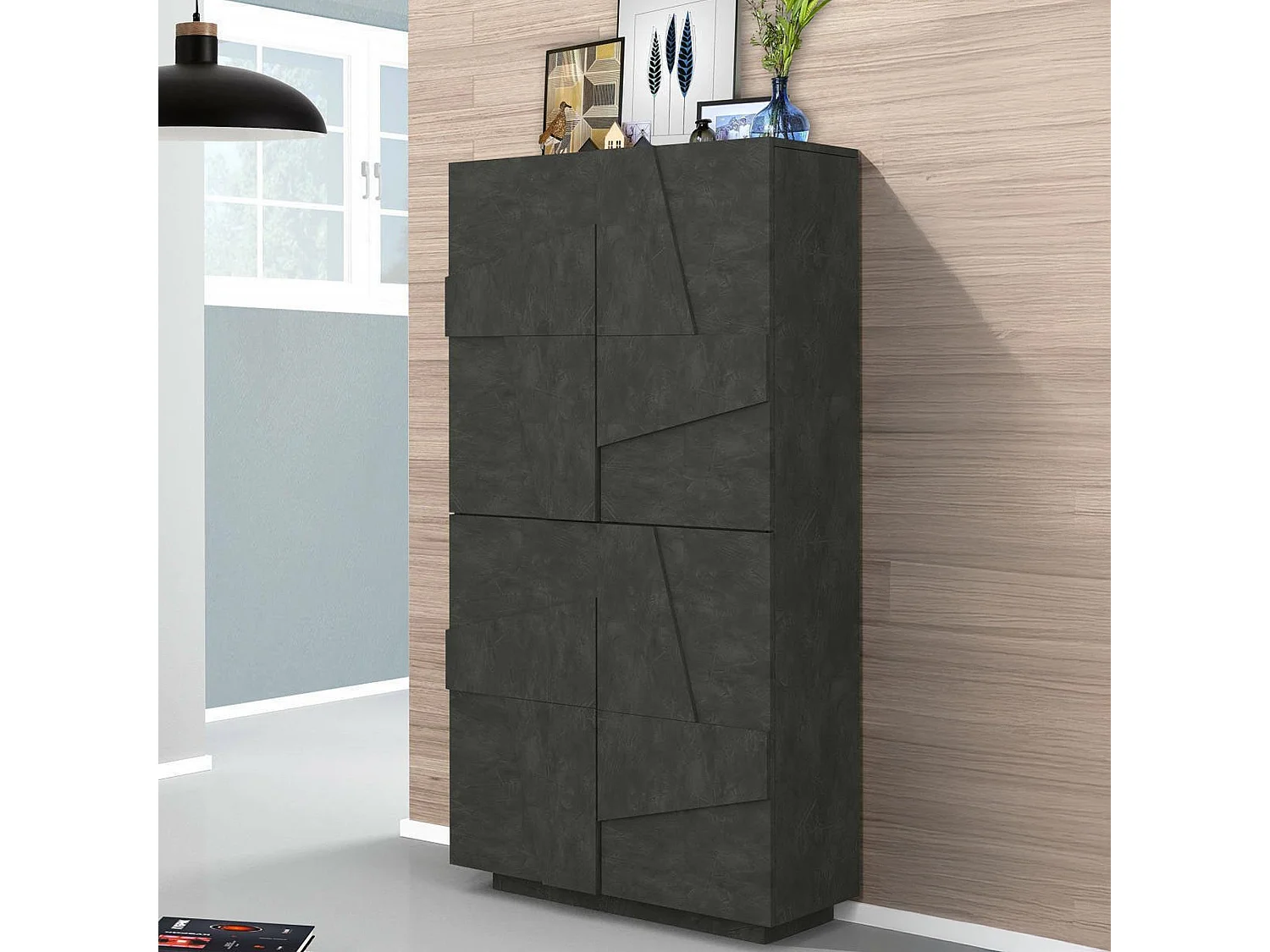 Étagère à chaussures Orfeo, Armoire polyvalente avec 4 portes battantes, Étagère à chaussures d'entrée, 100% Made in Italy, 81x38h167 cm, Ardoise