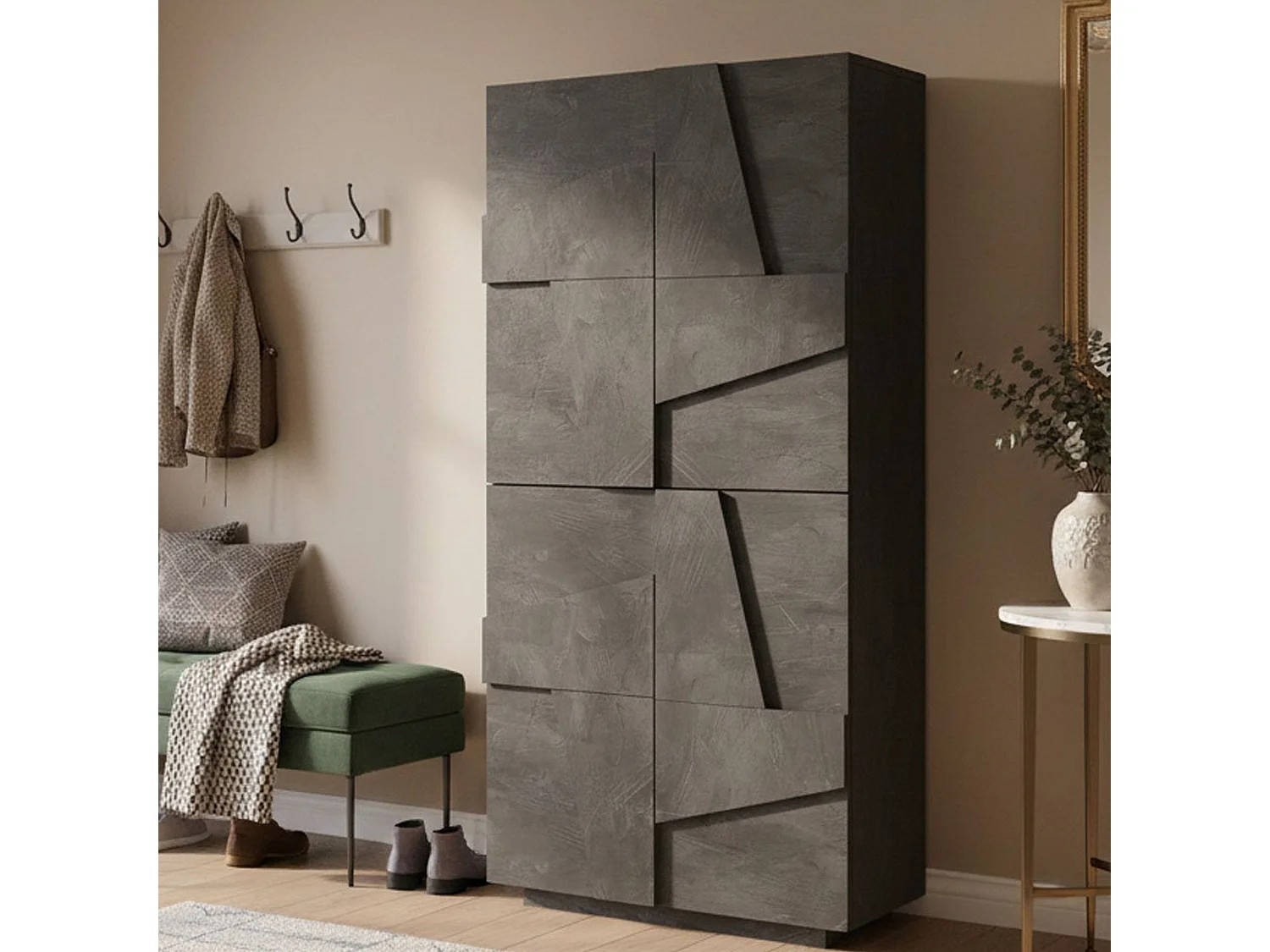 Étagère à chaussures Orfeo, Armoire polyvalente avec 4 portes battantes, Étagère à chaussures d'entrée, 100% Made in Italy, 81x38h167 cm, Ardoise