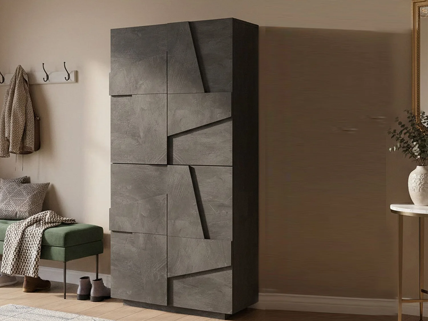 Étagère à chaussures Orfeo, Armoire polyvalente avec 4 portes battantes, Étagère à chaussures d'entrée, 100% Made in Italy, 81x38h167 cm, Ardoise