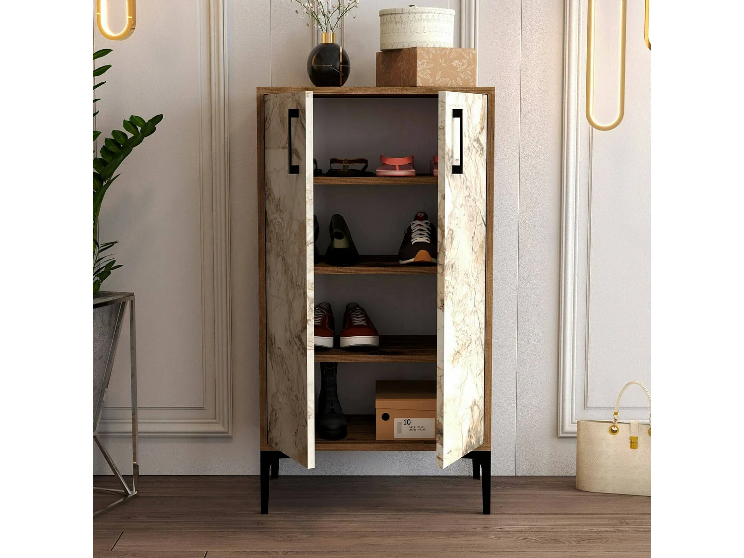 Meuble à chaussures Helios, Meuble à chaussures, Armoire d'entrée polyvalente, Rangement pour chaussures, 60x35h111 cm, Noyer et Blanc