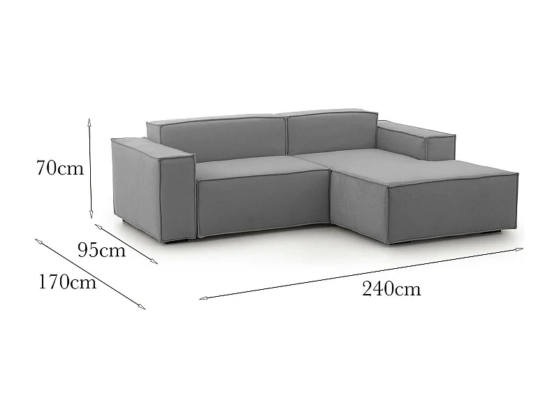 Canapé fixe Dgatta, Grand canapé modulable 2 places avec péninsule droite, 100% Made in Italy, Canapé moderne en tissu, 240x170h70 cm, Gris