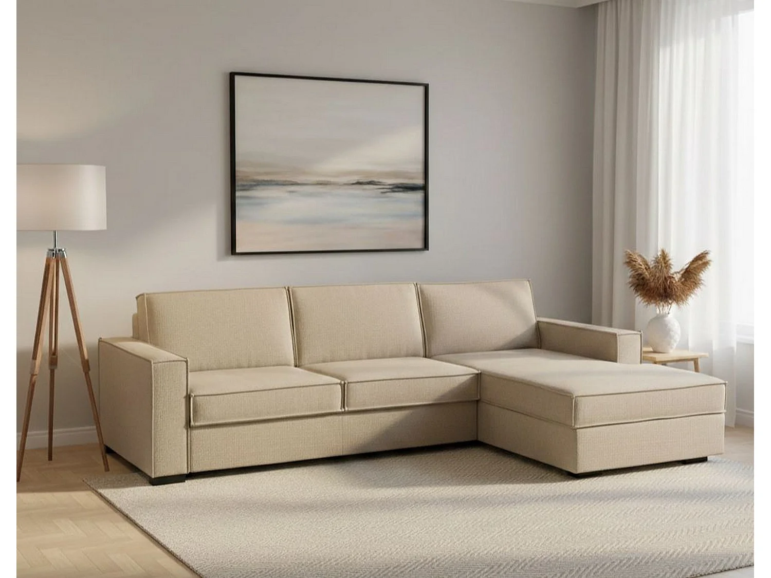 Festes Sofa Maia, Ecksofa, 100 % Made in Italy, Wohnzimmersofa mit rechter Containerhalbinsel, mit schmalen Armlehnen, cm 260x95h90, Beige