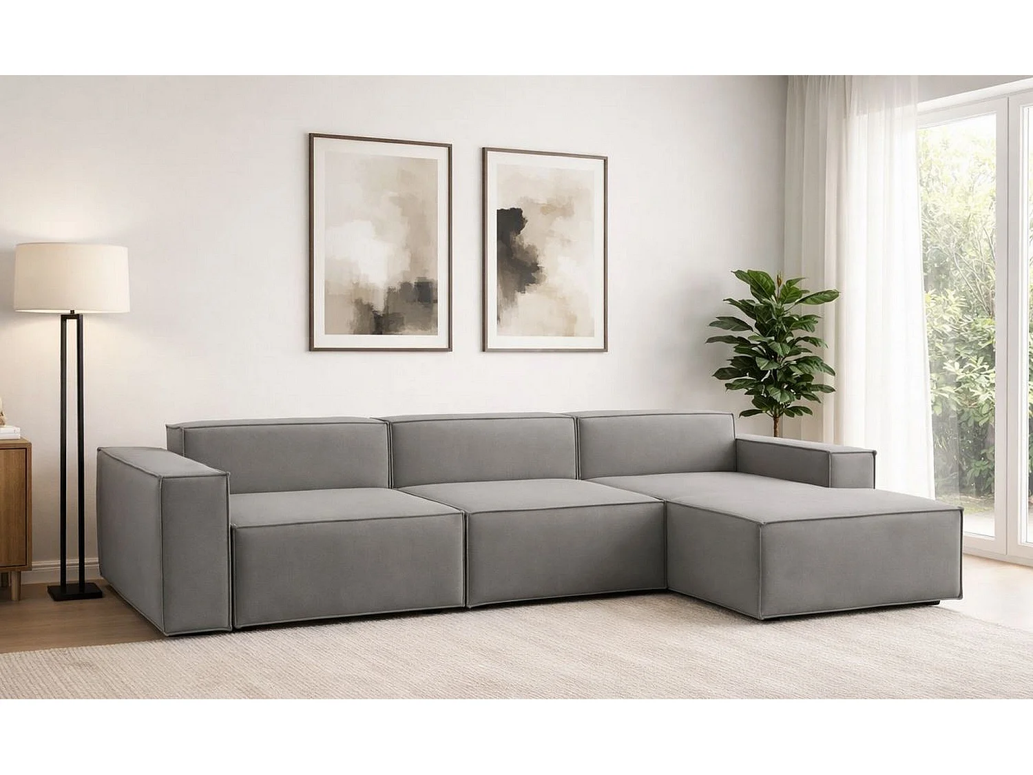 Canapé fixe Raffaella, canapé modulable 4 places avec péninsule droite, 100% Made in Italy, Canapé moderne en tissu, 340x170h70 cm, Gri